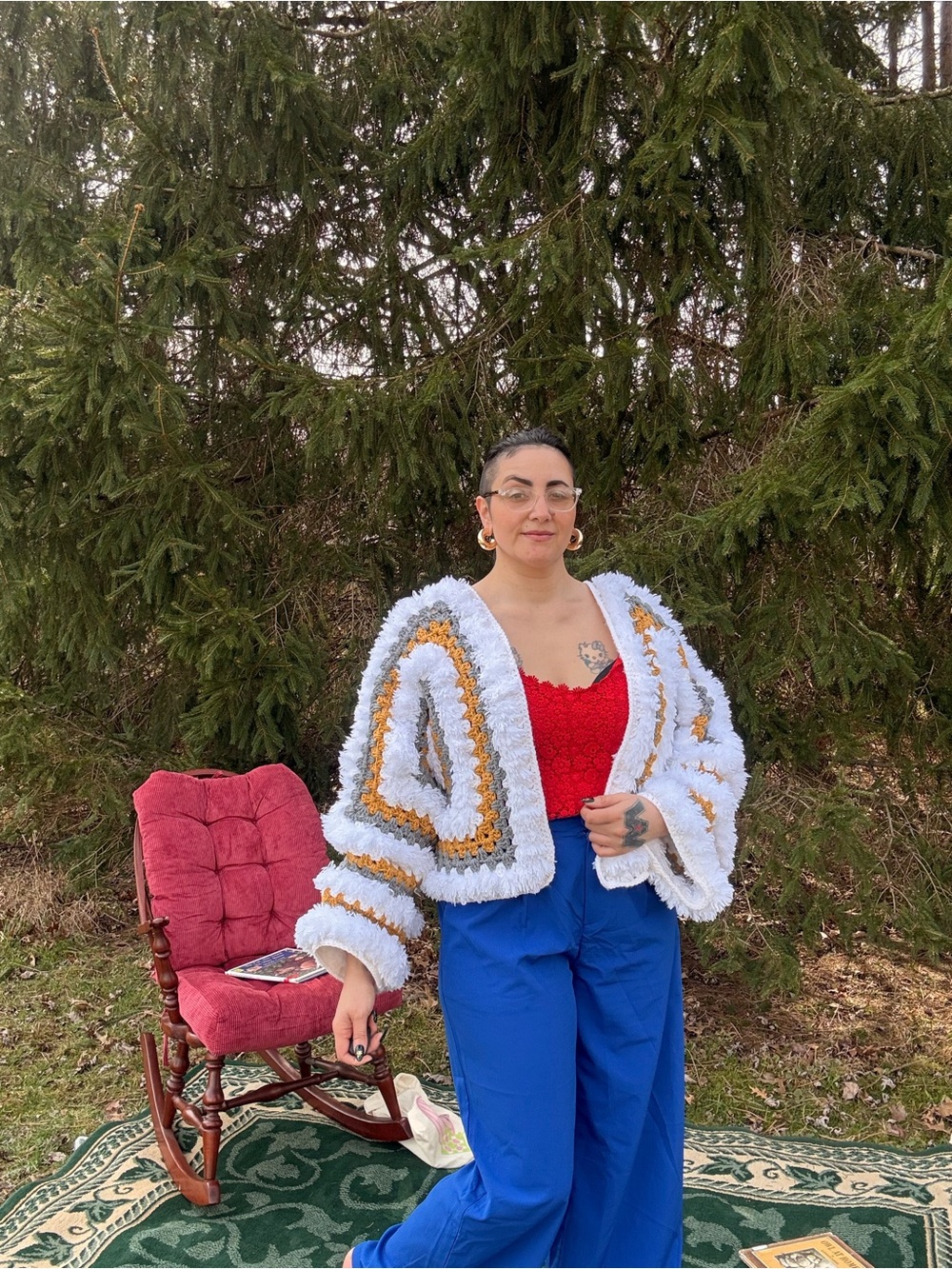White Textured Crochet Cardigan with Mustard Accents